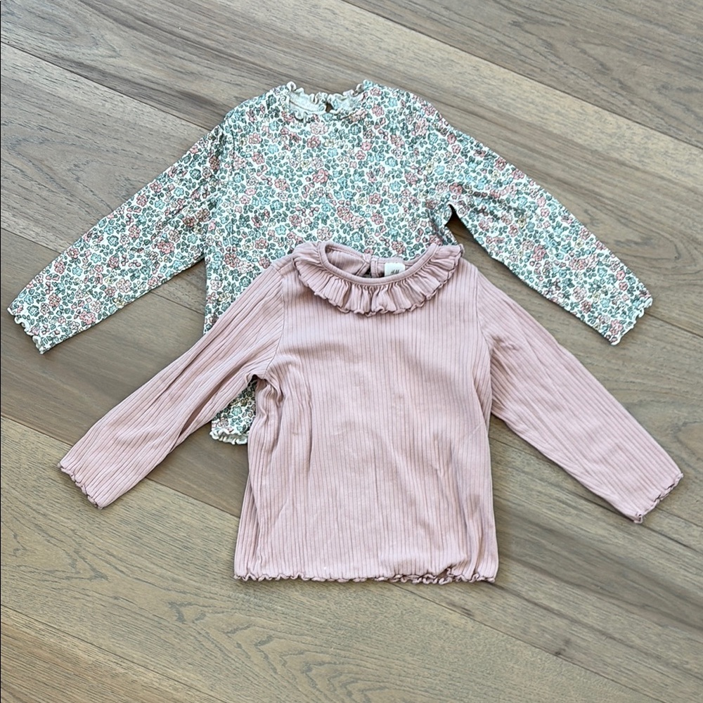 H&M Green and Pink Long Sleeve Tees with Floral and Ruffle Accents